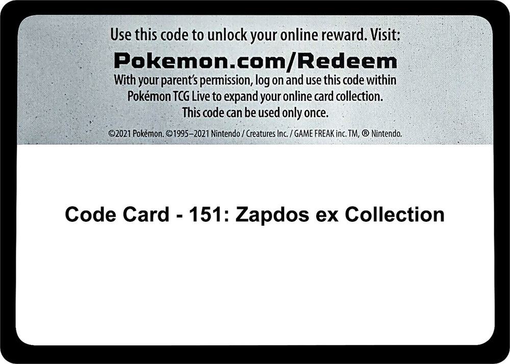 Pokemon Code Card Scarlet & Violet 151 Zapdos EX