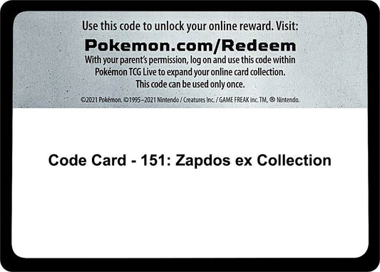 Pokemon Code Card Scarlet & Violet 151 Zapdos EX