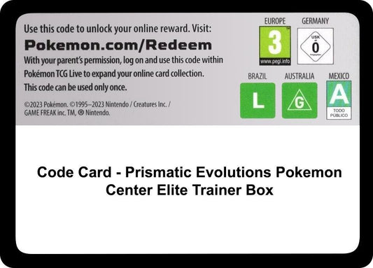 Pokemon Code Card Prismatic Evolutions Pokemon Centre ETB