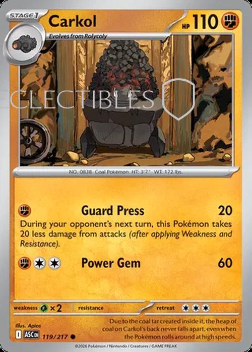 Pokemon Ascended Heroes 119/217 Carkol  Reverse Holo
